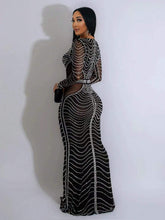 1pc Women Deep V-Neck Long Sleeve Mesh Panel Fishtail Hem Embellished Rhinestone Sparkle Dress
